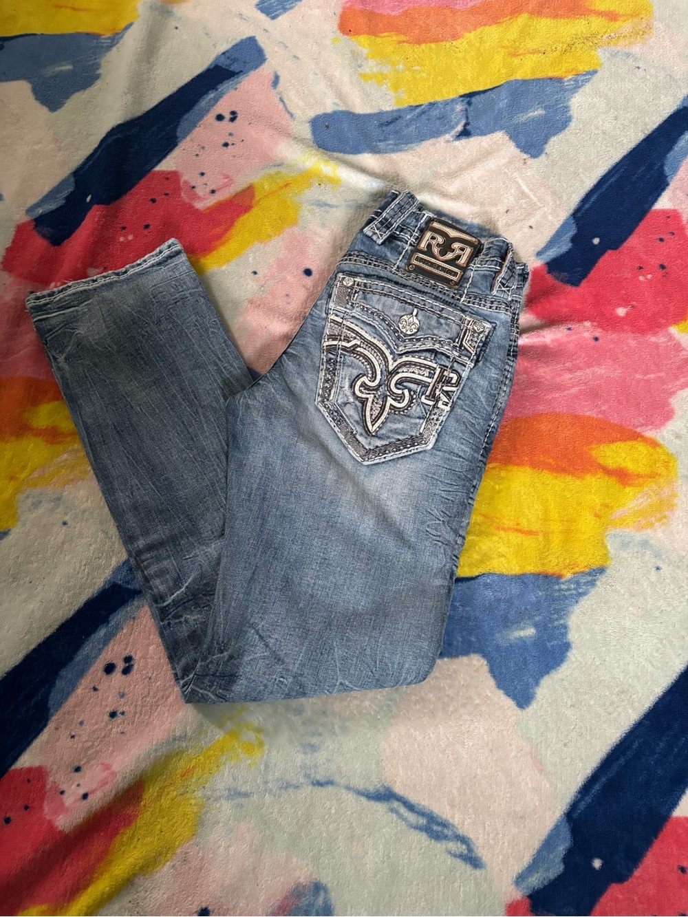 Rock Revival Light Blue Slim Straight Jeans with Embroidered Back Pockets